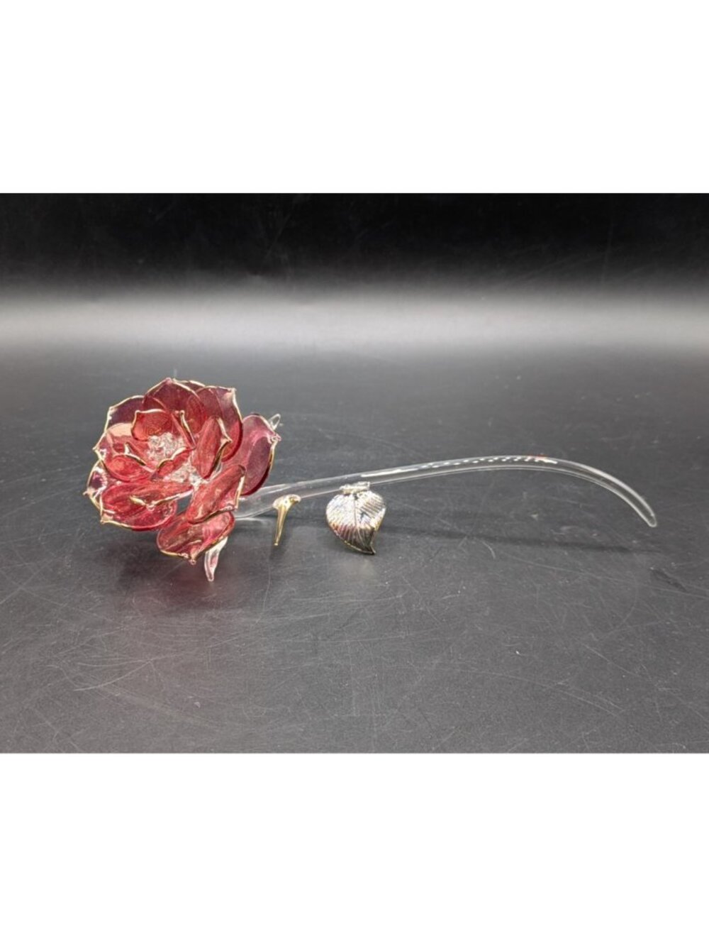Hand Blown Red Rose Glass Figurine Gold Gilt Thorn Leaves 8"